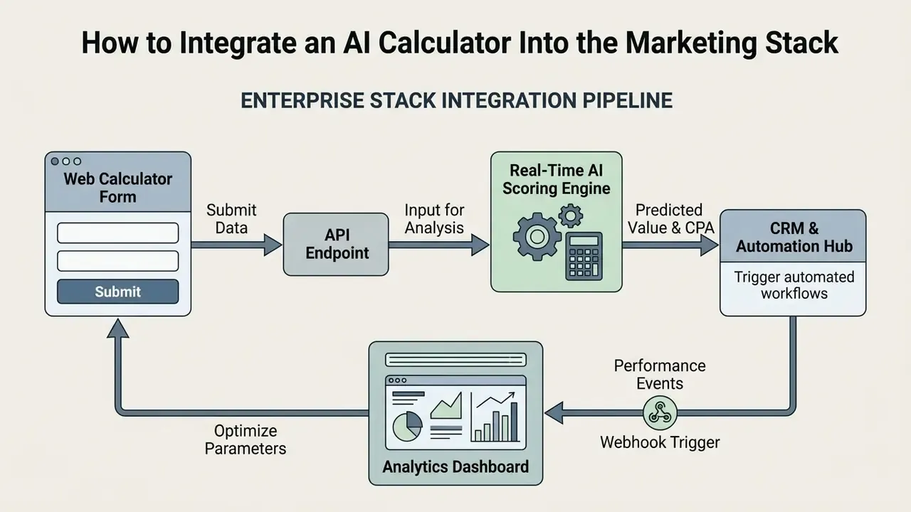 Closed-loop pipeline diagram connecting a web form to an AI scoring engine, CRM, and analytics dashboard