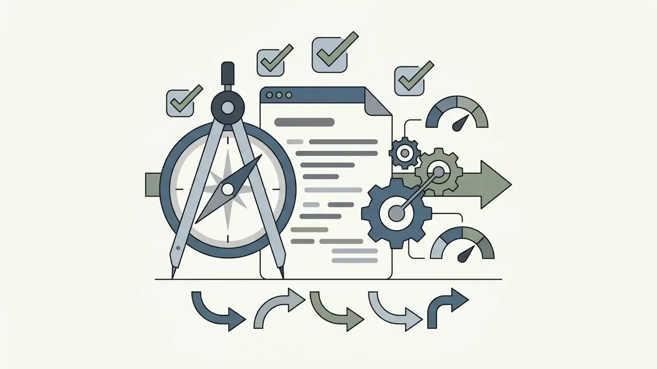 Drafting compass and document icon with gears, status gauges, and checkmarks indicating verification