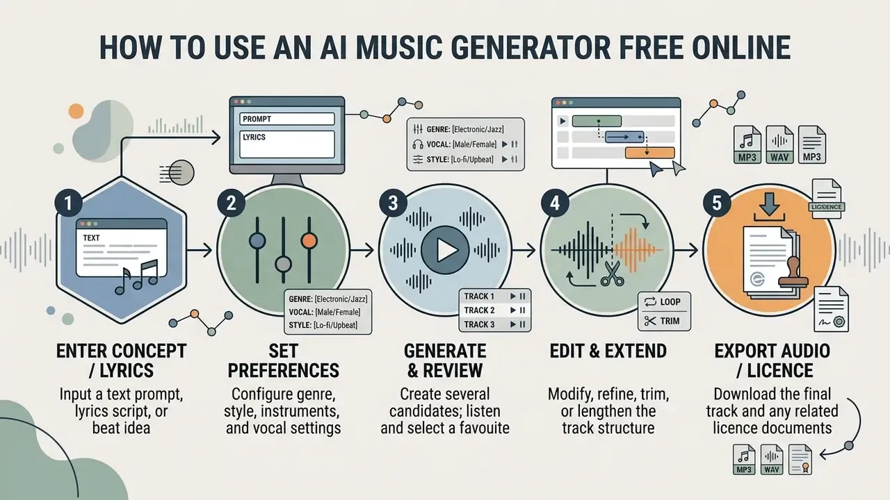 Five step process showing how to input prompts, set audio preferences, generate, edit, and export music