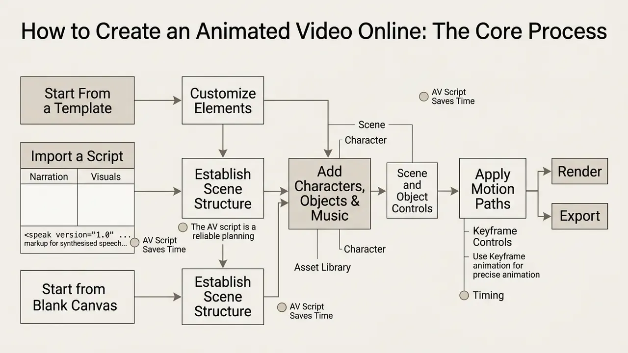 Diagram showing production steps from script or template to final rendering and export