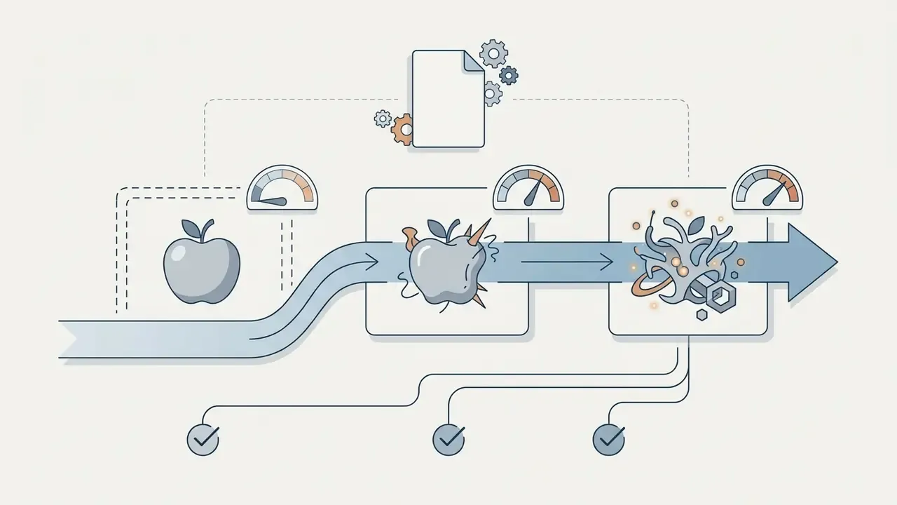 Apple icon transforming through stages of increasing complexity guided by gauges and mechanical gears