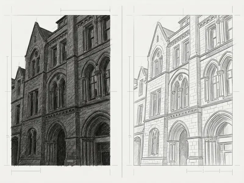 Side by side comparison of a dark, heavily shaded building sketch and a lighter, high contrast version