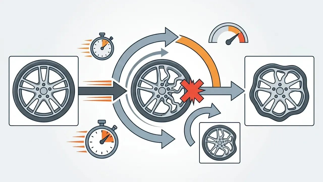 Diagram showing a car wheel transforming through a fast process into a warped and distorted shape