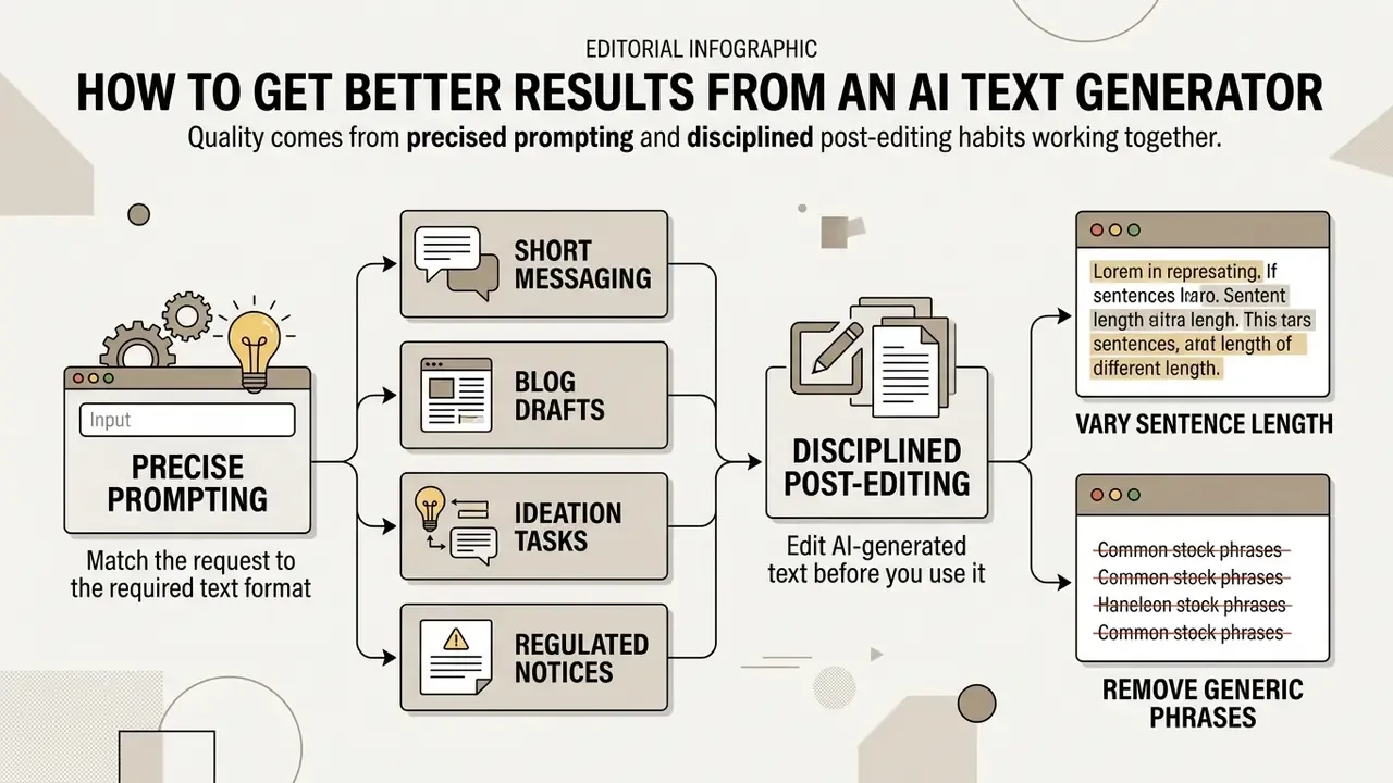 Diagram showing precise prompting and disciplined post-editing habits for improving AI output quality