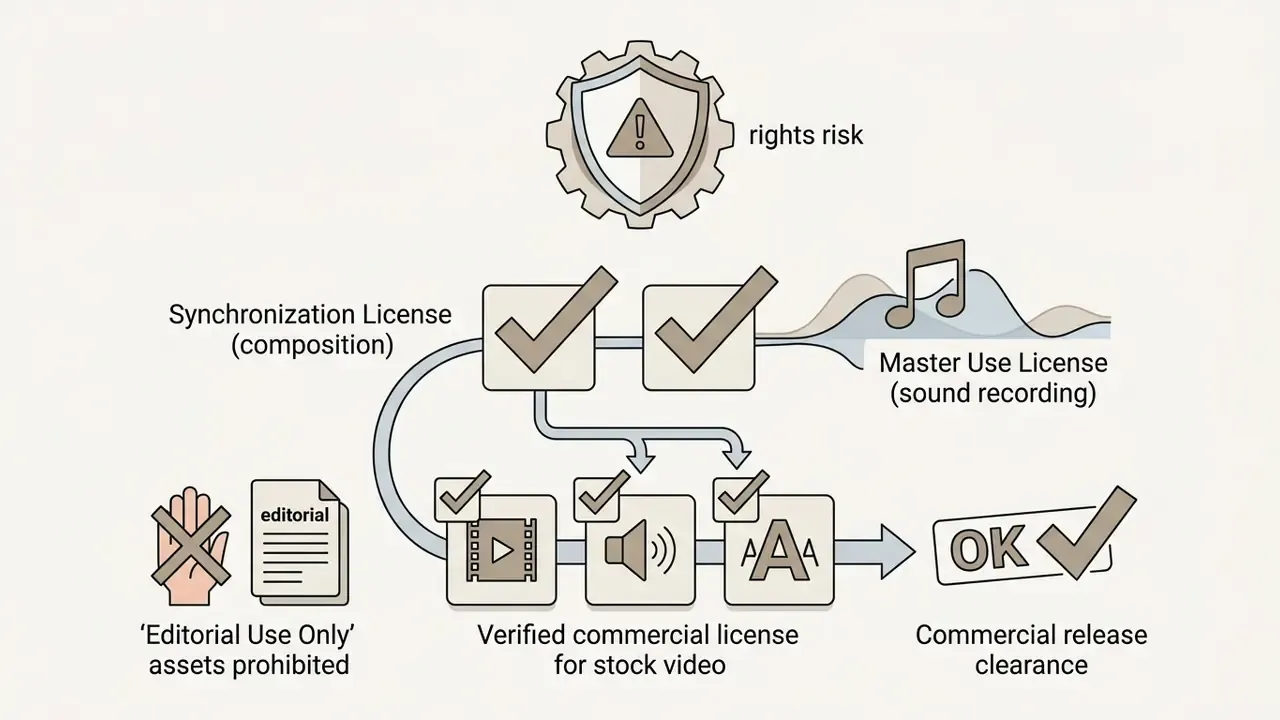 Diagram illustrating music and asset licensing requirements for commercial video release