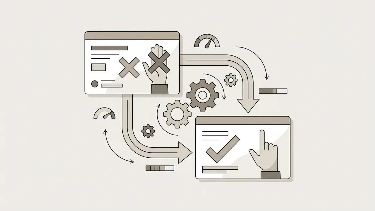 Two windows connected by gears showing a hand gesture rejecting one option and approving another