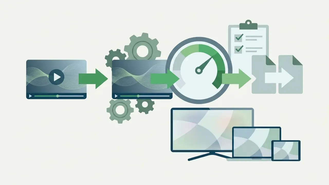 Process flow showing video files passing through a gauge and gears to reach various display devices