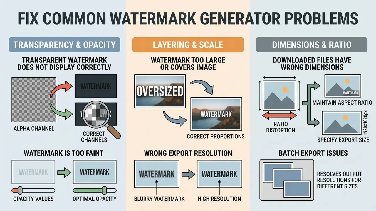 Infographic showing troubleshooting steps for transparency, scaling, and resolution issues in image branding
