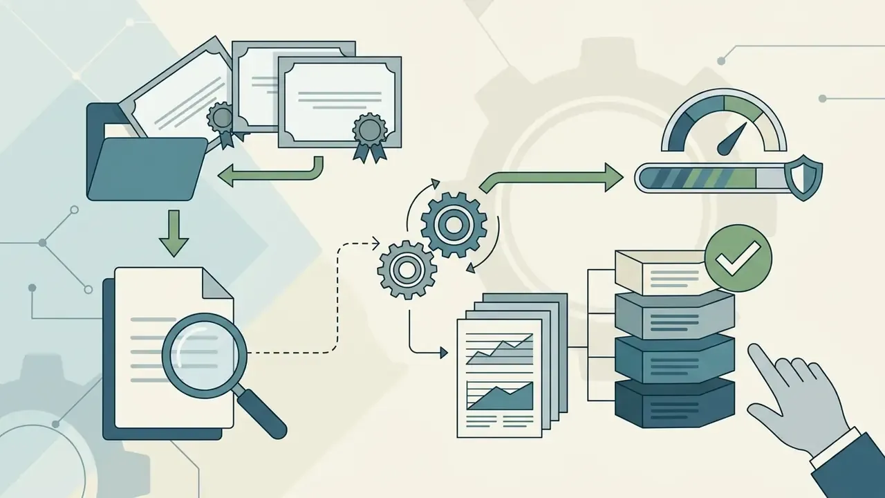 Documents and certificates being processed through a system to reach a verified database status