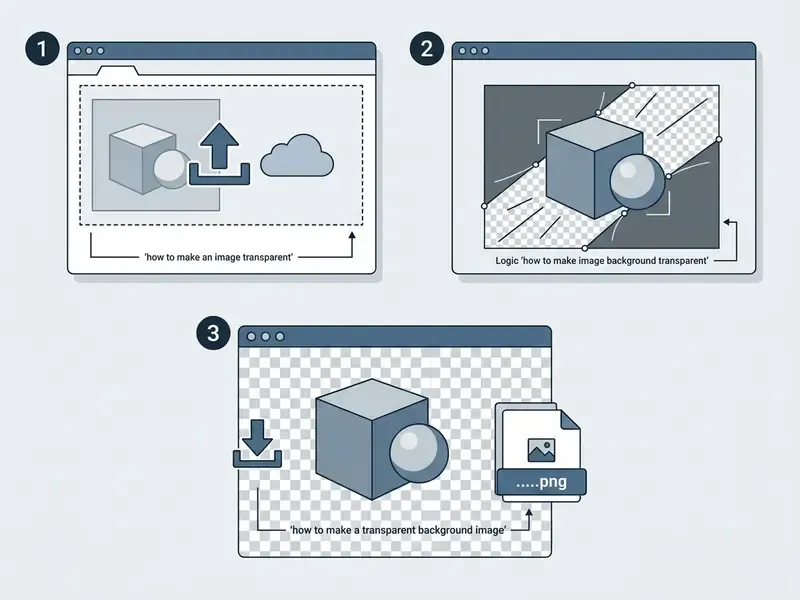Three browser windows showing steps on how to make an image transparent by uploading, editing, and saving a file