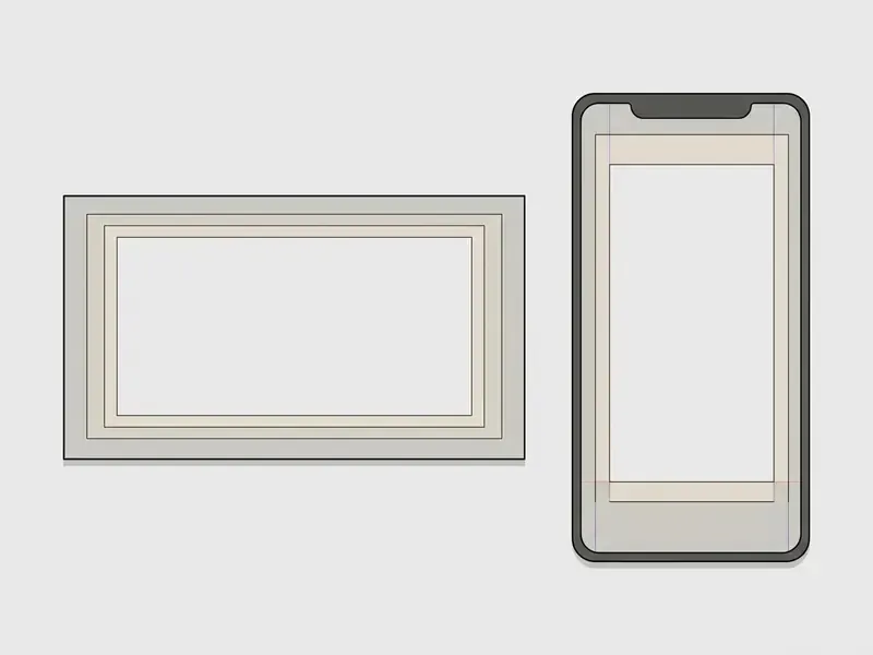 Side-by-side comparison of widescreen and vertical video aspect ratios with safe margin overlays