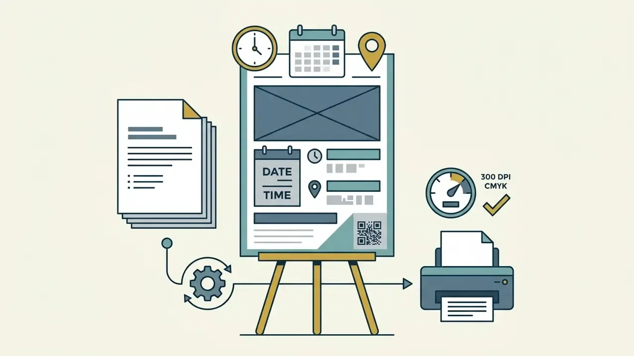 Event sign layout on a stand with clock, calendar, and location icons leading to a printer for production
