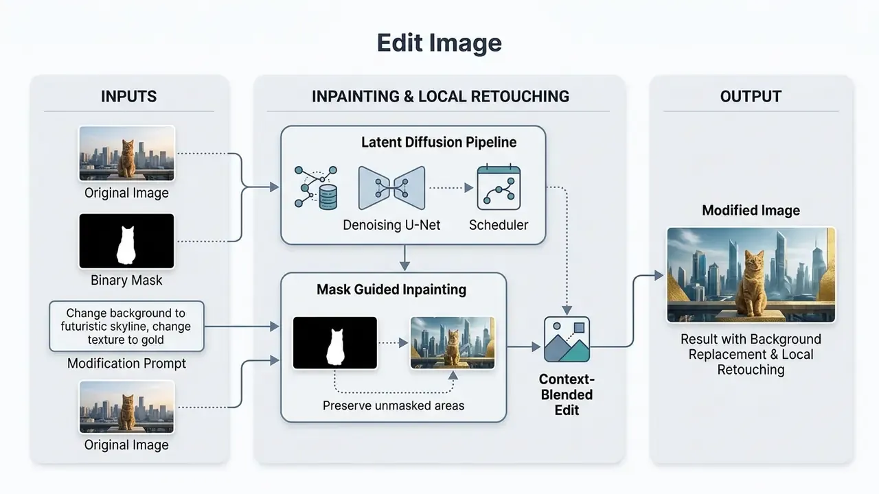 Diagram showing how input images and masks are processed through a diffusion pipeline to edit backgrounds