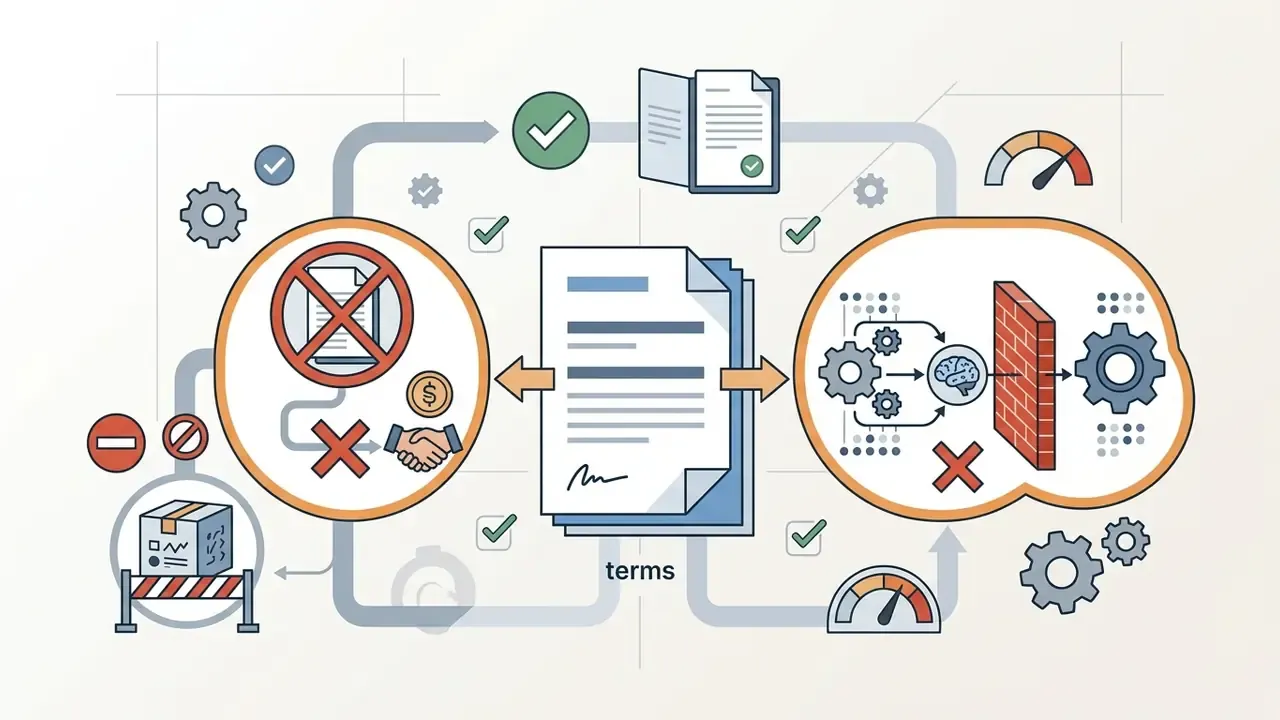Conceptual diagram showing legal contract restrictions on reselling and training AI models