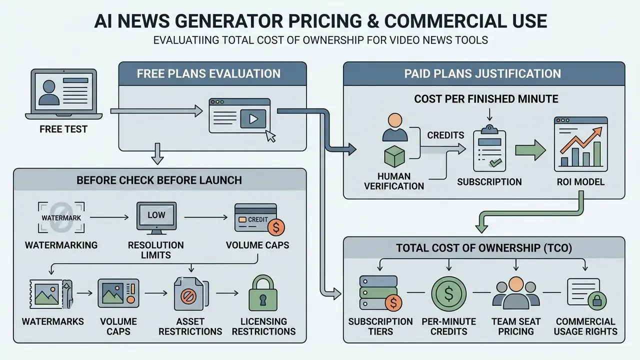 Process map comparing free plan evaluations, paid plan justifications, and total cost of ownership factors