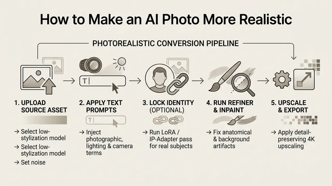 Five step process for converting AI images into realistic photos using model selection and refinement