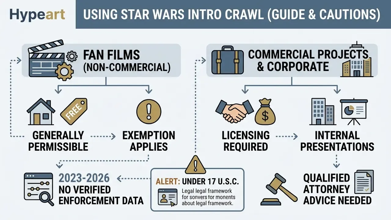Infographic showing legal considerations for using movie opening crawls in fan films versus commercial work