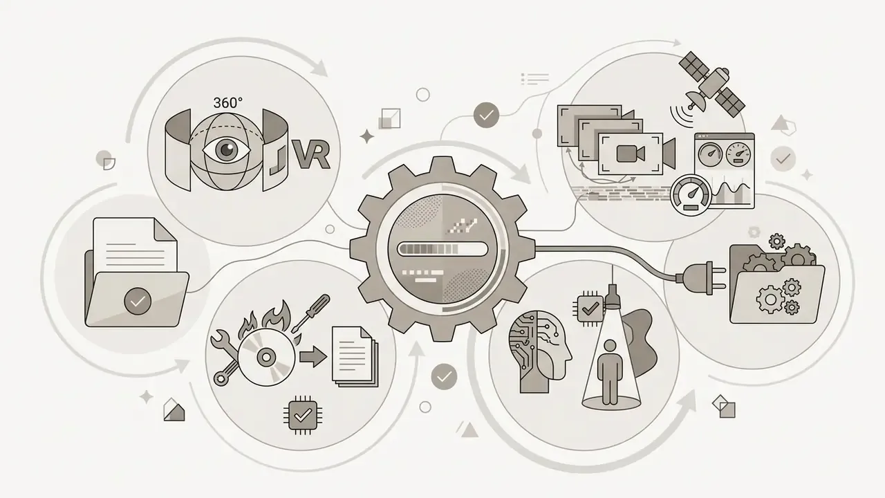 Central gear icon connecting icons for 360 VR, telemetry, AI segmentation, and disc burning tools