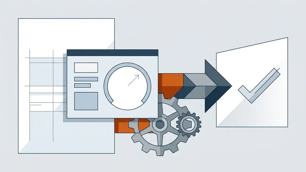 Document with a gauge icon moving through a gear mechanism to a finished page with a checkmark