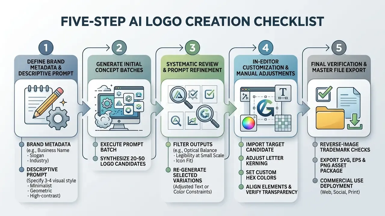 Numbered sequence showing five steps for using an AI logo maker app to generate and refine brand designs