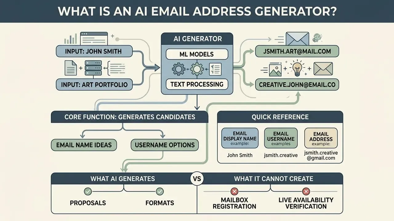Infographic showing how an AI email address generator uses machine learning to create name and address options