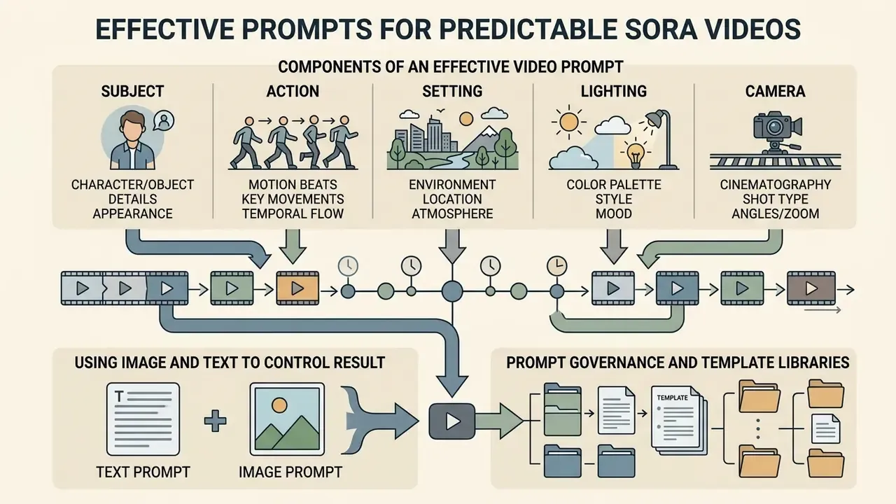 Structured infographic detailing key components for building prompts to generate consistent AI videos