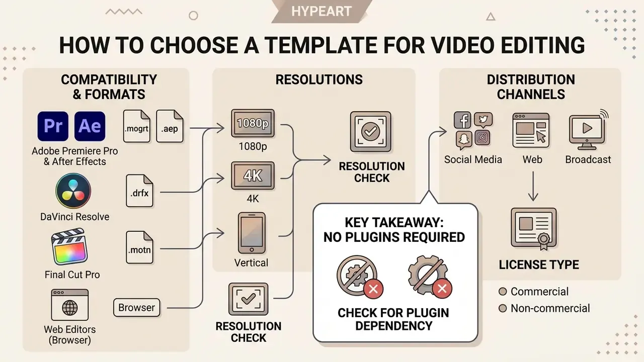 Infographic outlining compatibility, resolution, and distribution factors for selecting a free template video