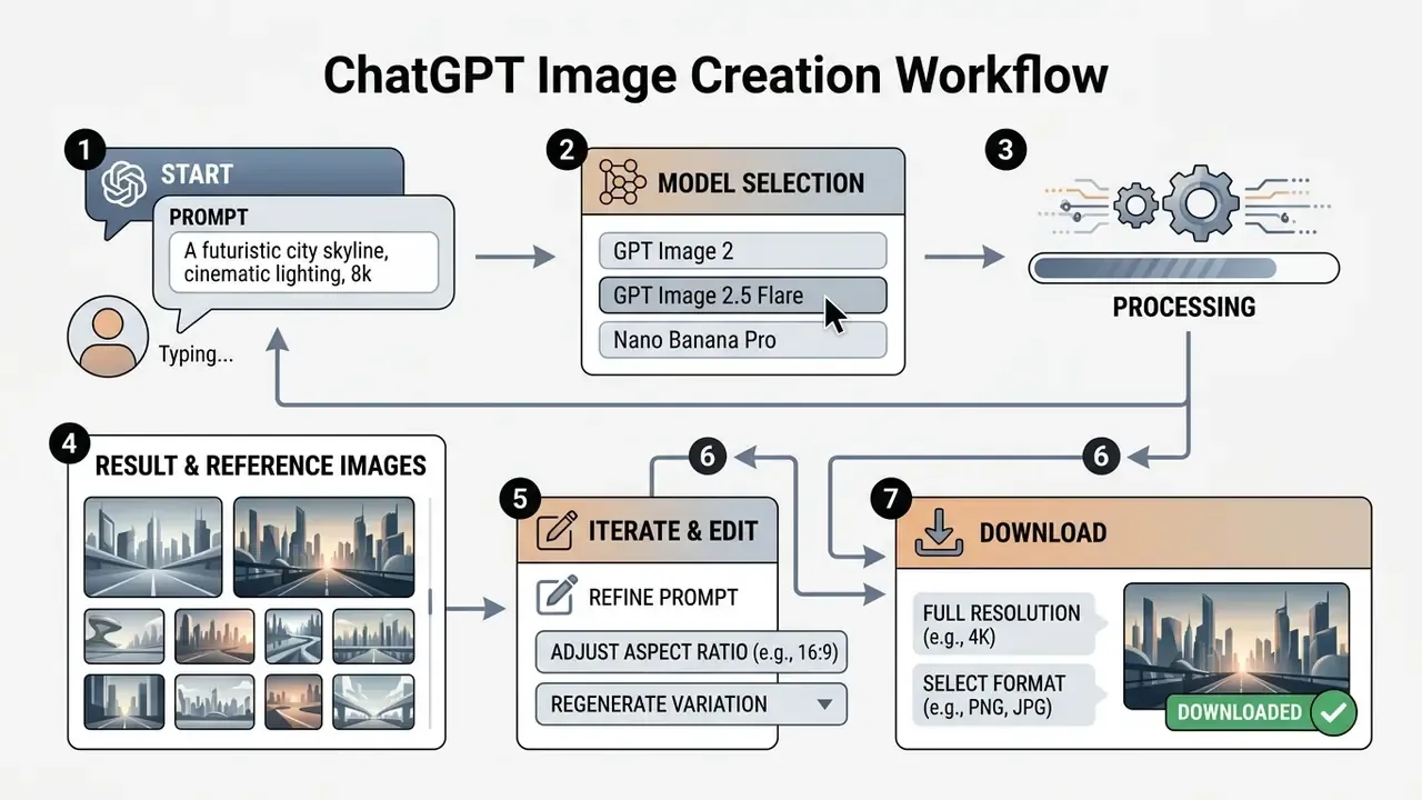 Numbered diagram detailing the ChatGPT picture generator workflow from initial prompt to final download
