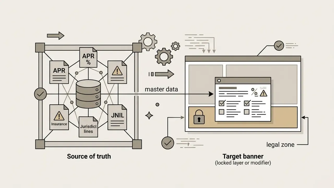 Central database feeding legal disclosure documents into a locked layer within a marketing banner frame