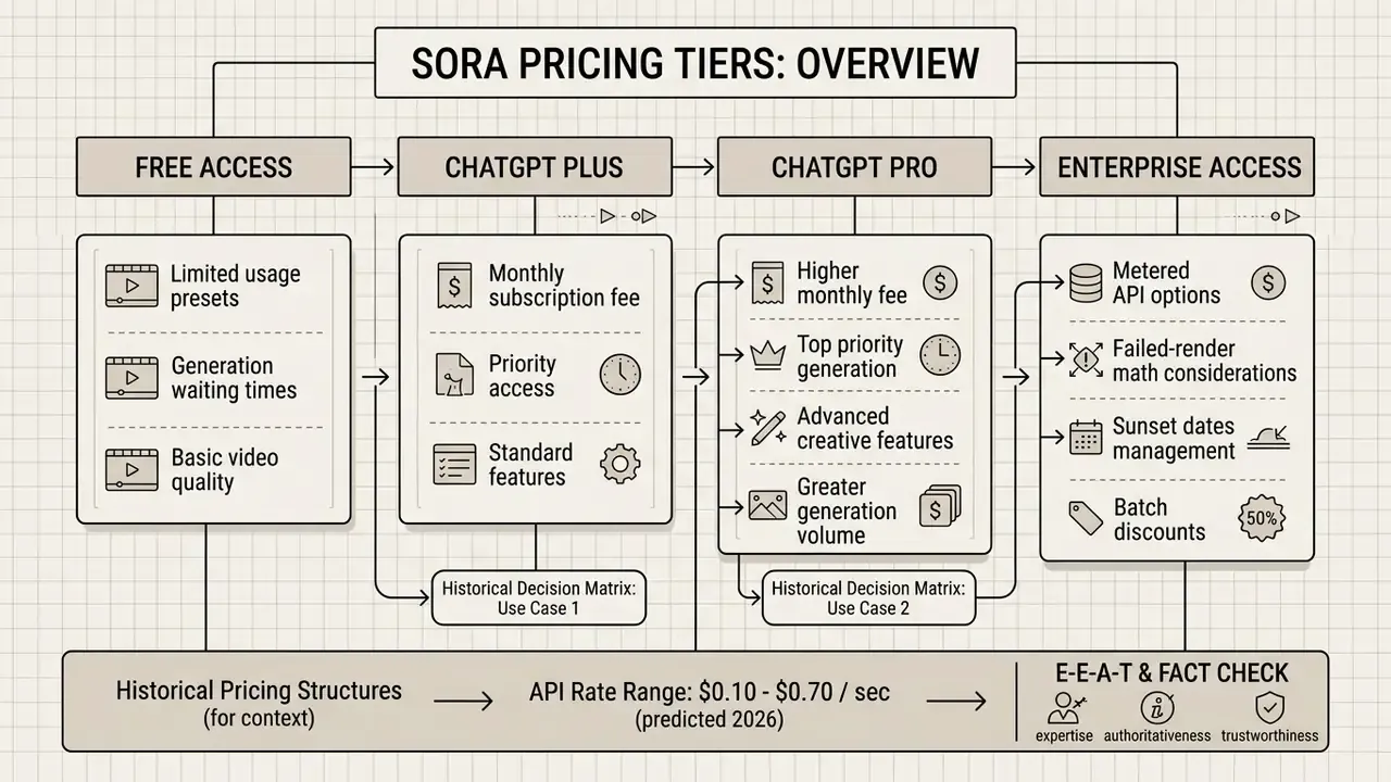 Flowchart comparing subscription levels for Free, Plus, Pro, and Enterprise access with historical data
