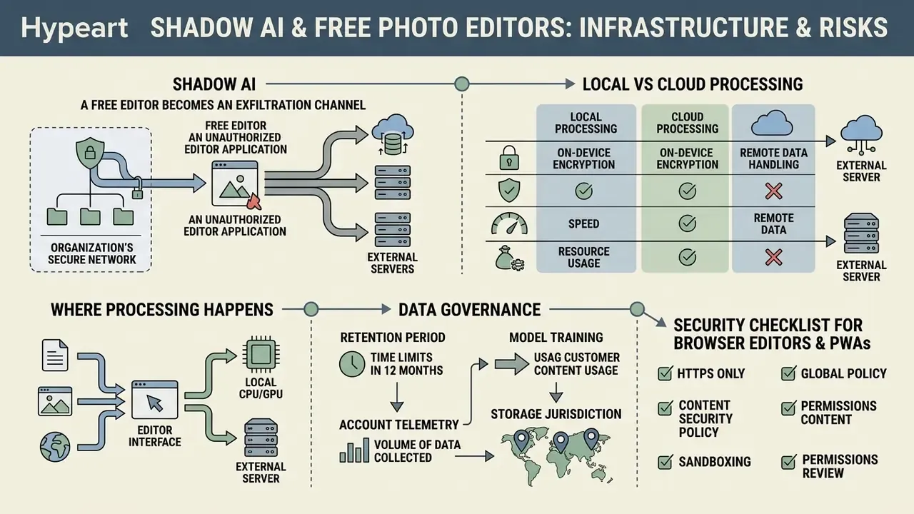 Visual guide mapping security risks, data processing methods, and governance for free online tools