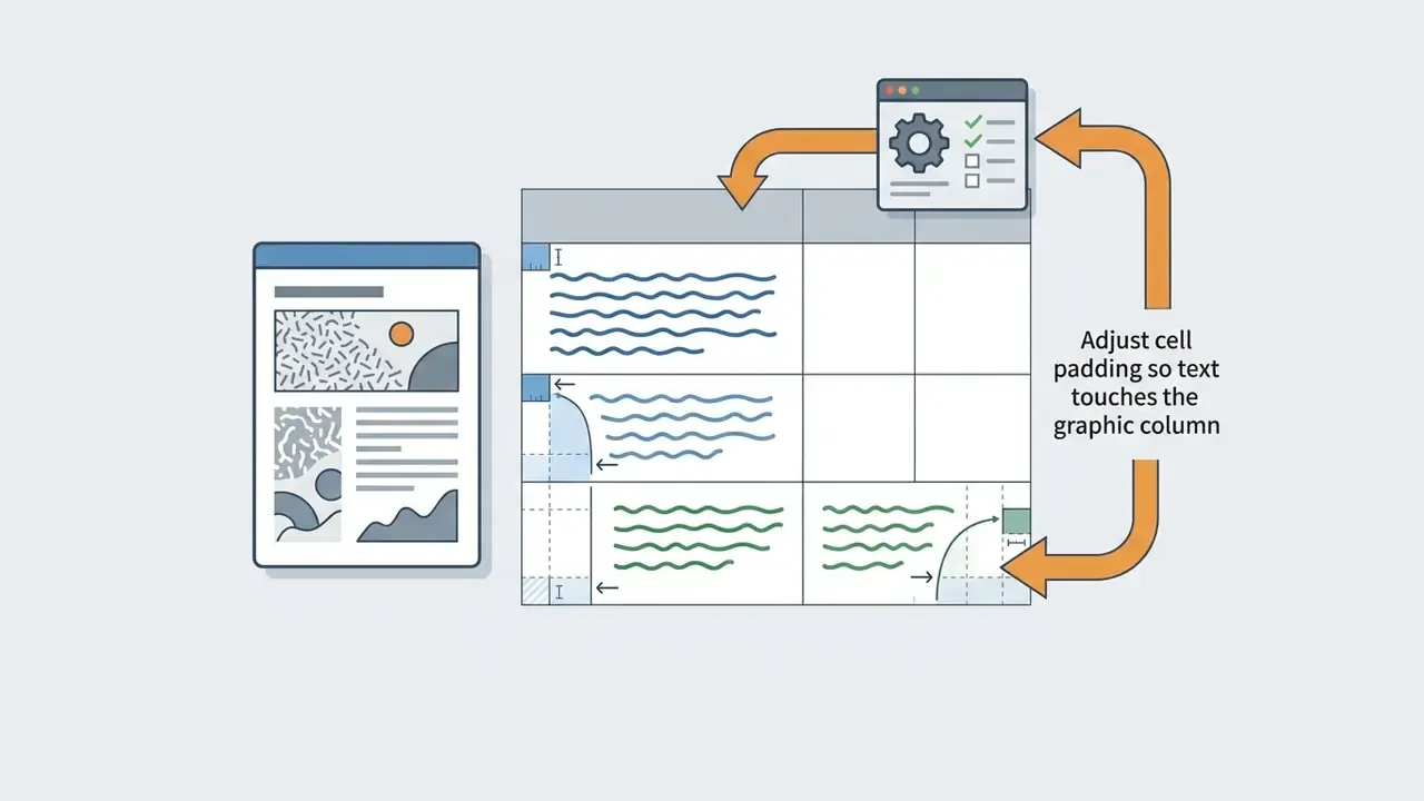 Settings menu adjusting cell padding within a table grid to manage text spacing around an image