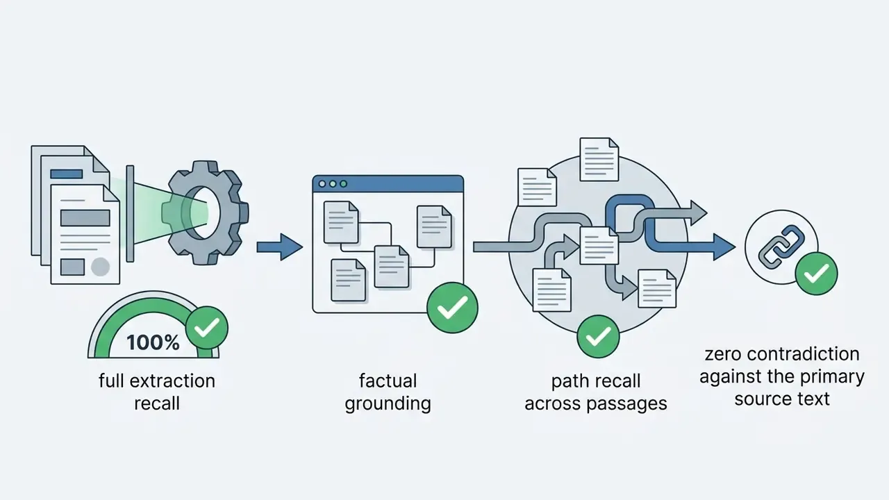 Sequence showing document extraction, factual grounding, path recall, and source text verification