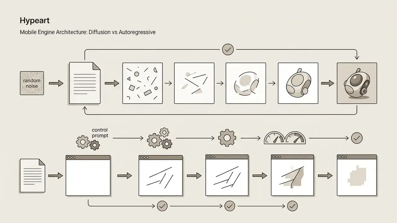 Visual representation of diffusion denoising steps compared to an autoregressive generation sequence