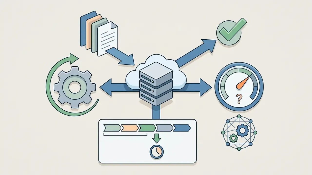 Cloud server icon connected to data files, processing gears, a status gauge, and a retention timeline