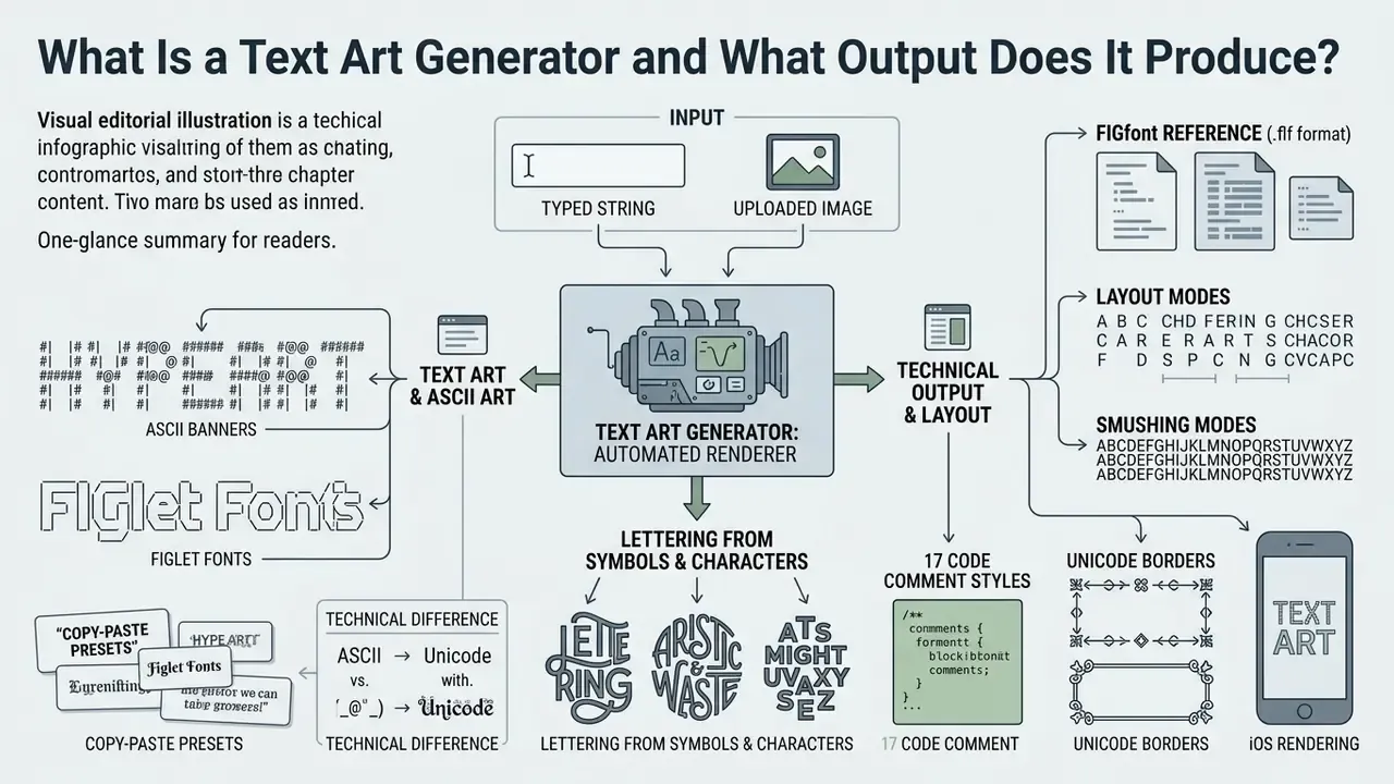 Infographic showing how a text art generator processes typed strings and images into various character designs