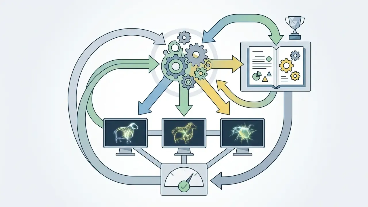 Networked computers displaying evolving abstract sheep patterns connected to a central gear mechanism and award