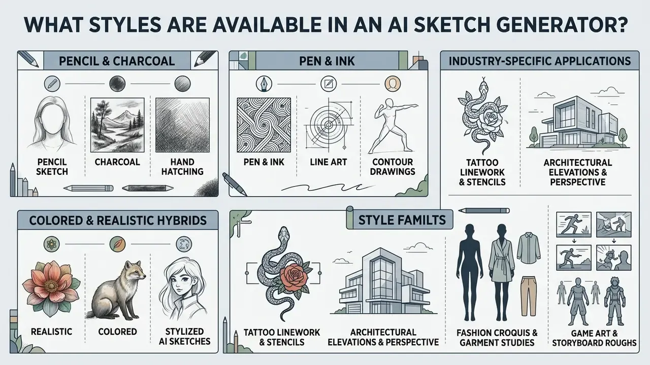 Infographic showing artistic categories like pencil, charcoal, pen, ink, and industry-specific design styles