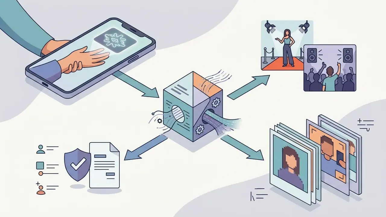 Central processing cube transforming smartphone inputs into red carpet scenes and personal portraits