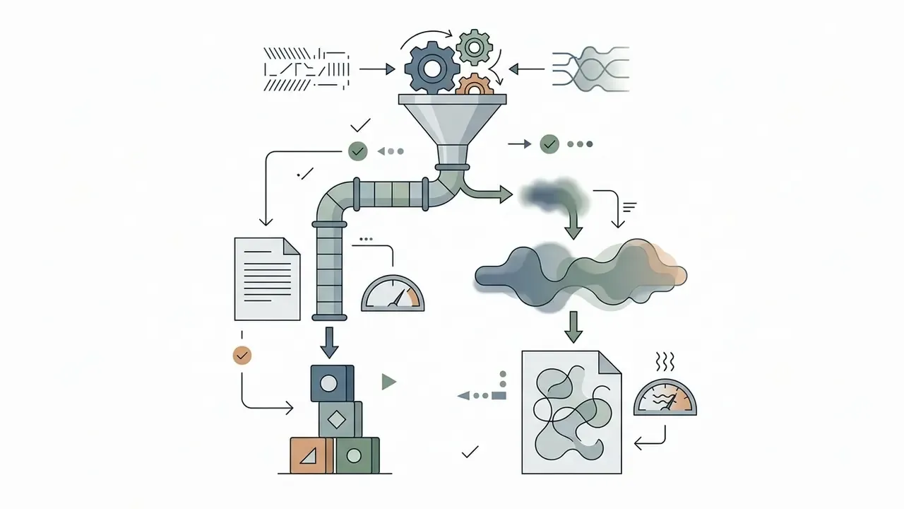 System of gears and funnels processing abstract data inputs into structured blocks and documents