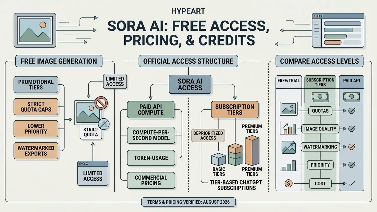 Comparison chart detailing Sora AI access tiers including free trials, paid subscriptions, and API usage