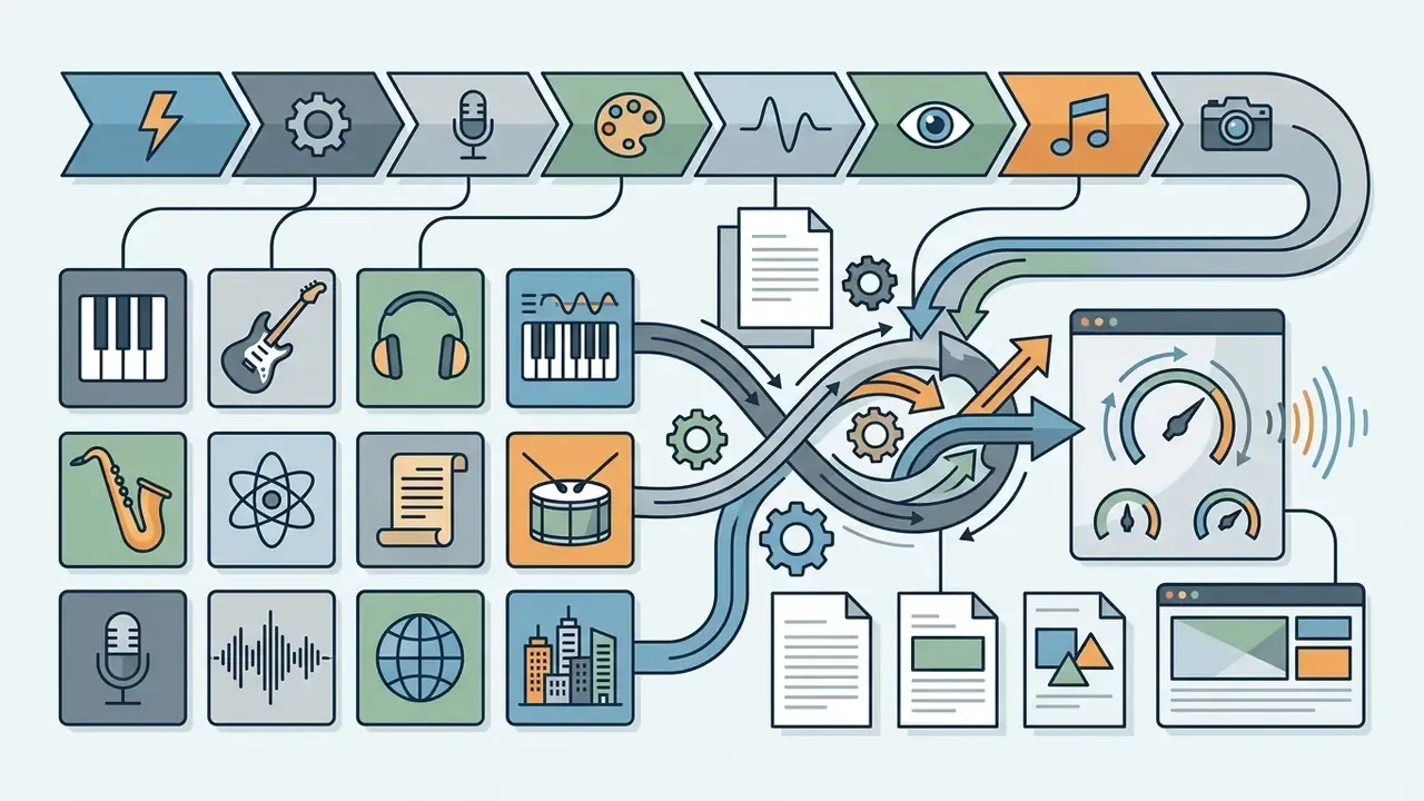 Icons of musical instruments and audio elements feeding into a complex loop that generates visual dashboard data