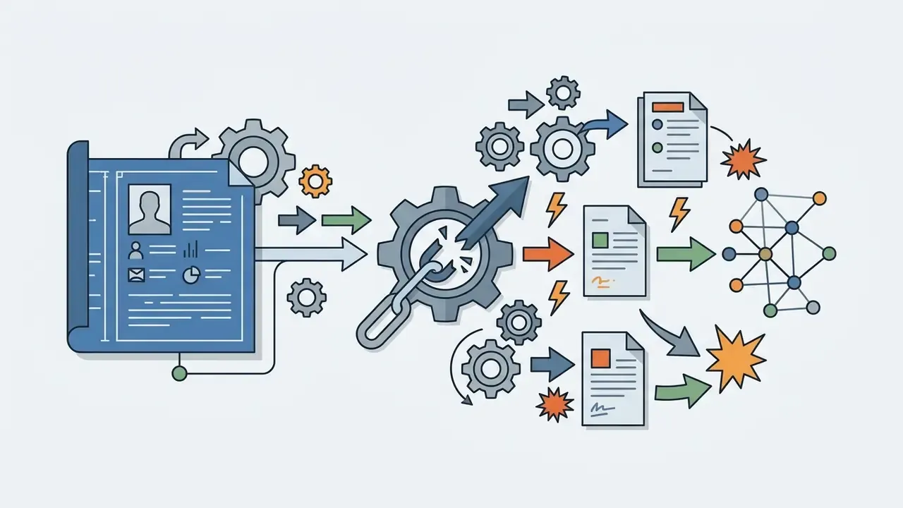 Blueprint document feeding into a central gear mechanism that breaks a chain to trigger document updates