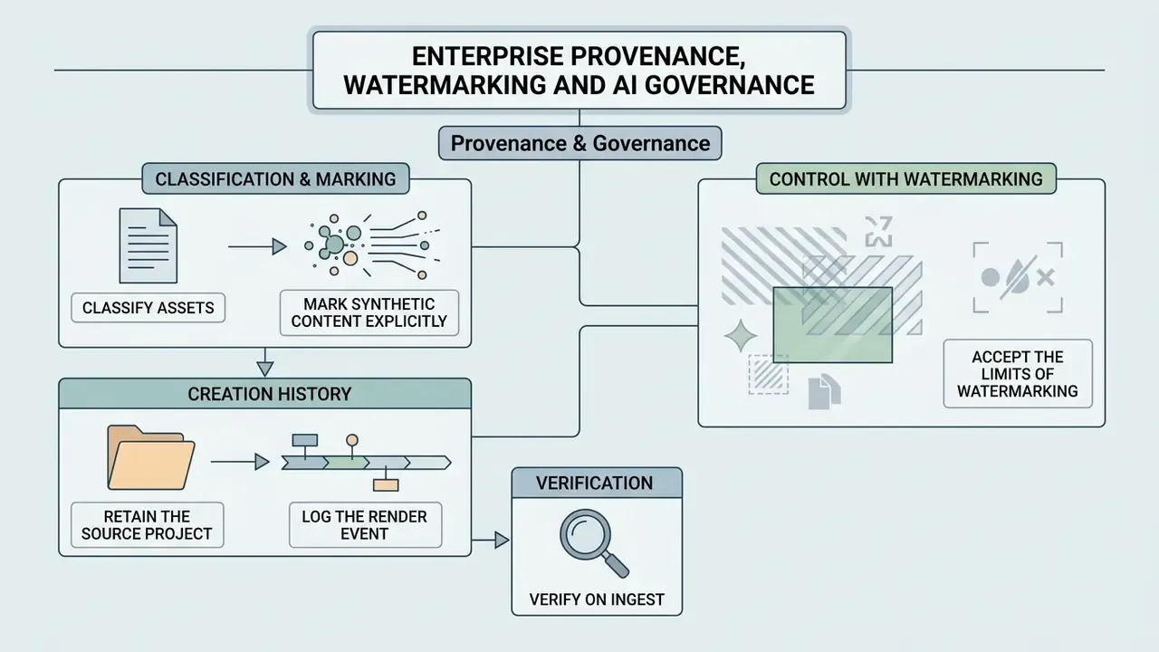 Flowchart outlining steps for asset classification, creation history tracking, and watermarking governance