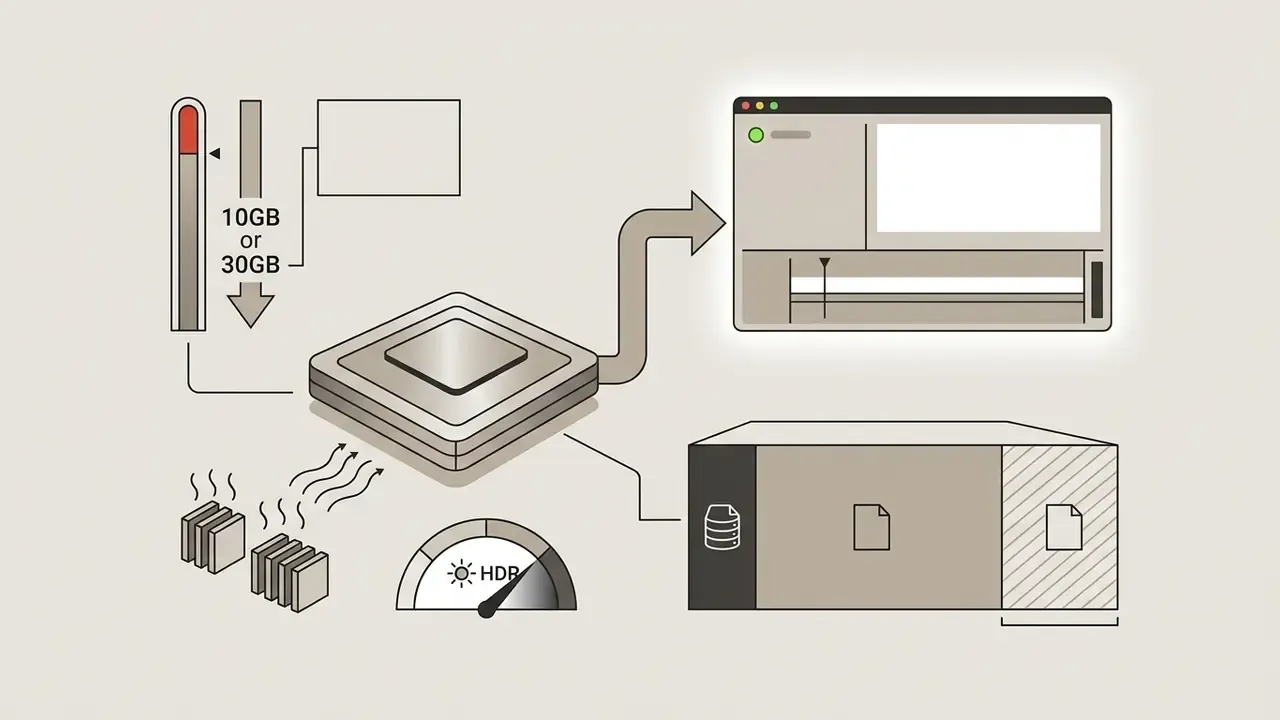 Diagram showing CPU processing, thermal heat, HDR settings, and required scratch storage for video editing