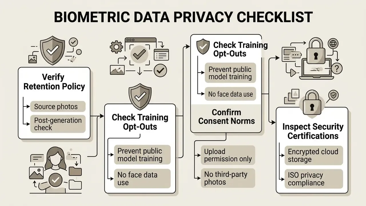 Flowchart outlining steps for verifying data retention, training opt-outs, consent norms, and security