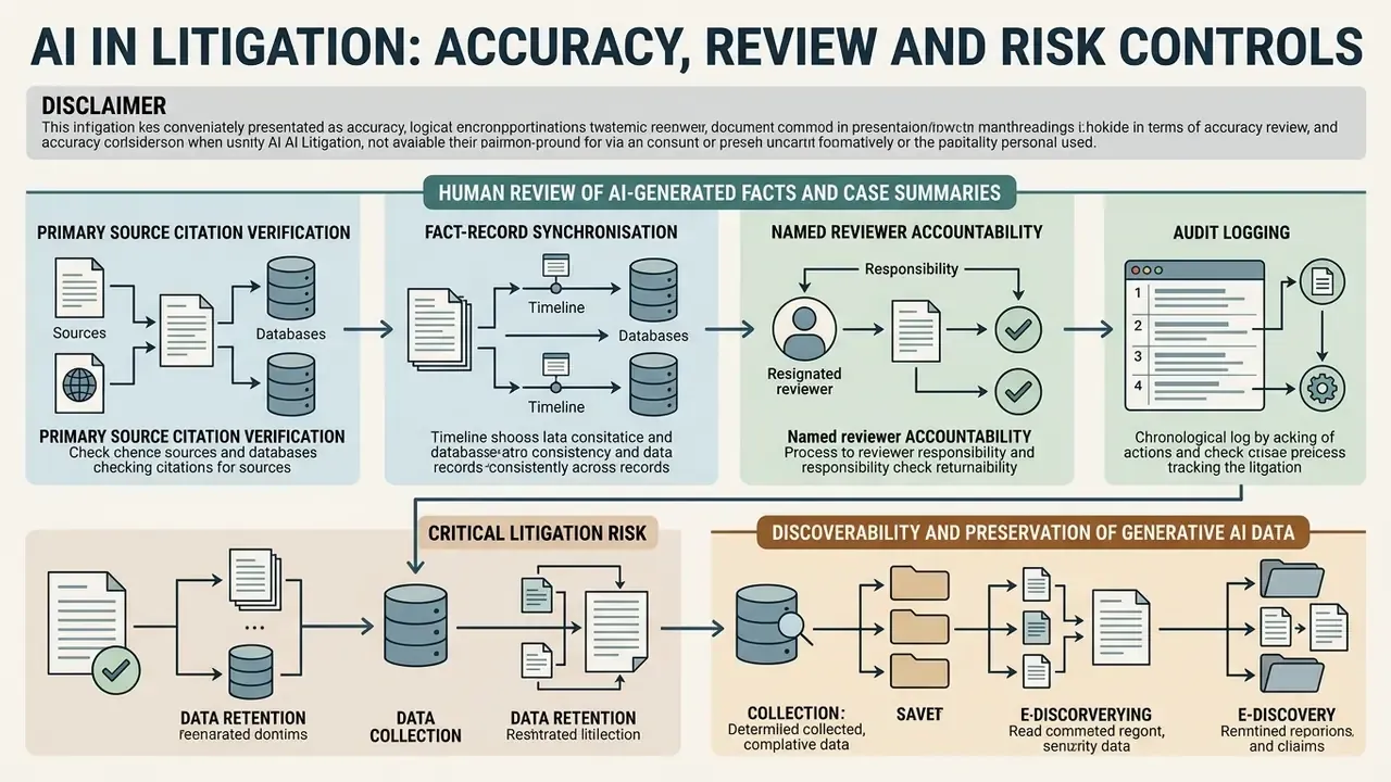 Infographic detailing verification, accountability, and data preservation steps for AI in litigation