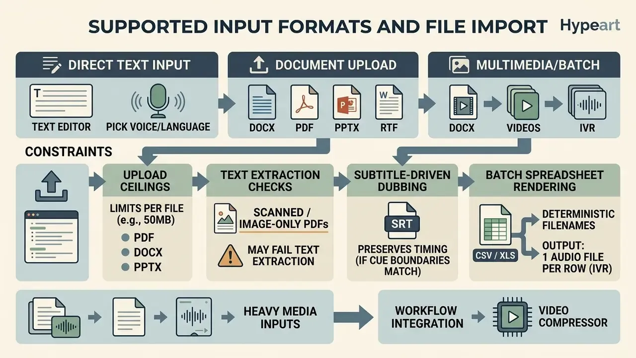 Diagram detailing file upload types, document constraints, and batch processing requirements