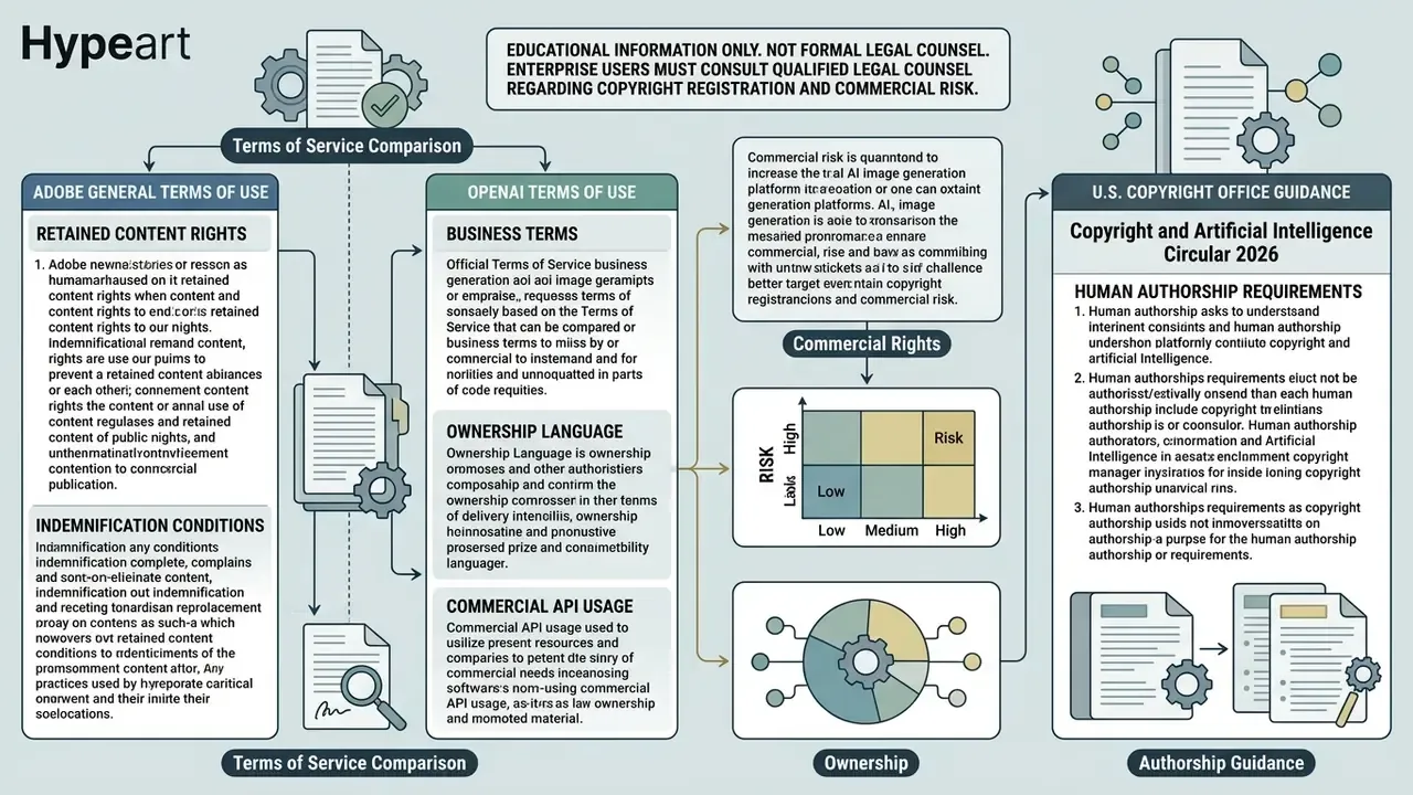 Comparative overview of legal terms for AI image generation platforms and copyright office guidance