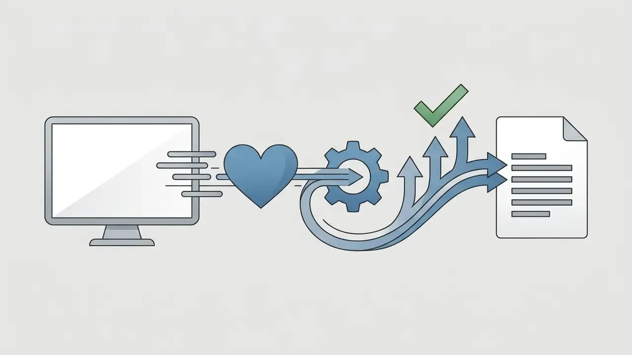 Computer screen data passing through a heart icon and gear mechanism to form a finalized document
